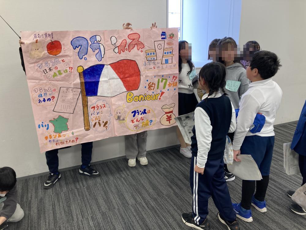 大きな模造紙をつかって発表する子どもたちの様子